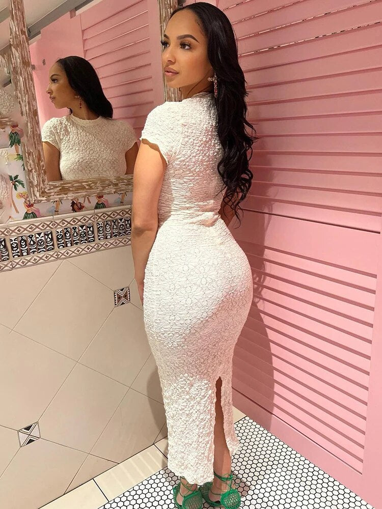 See Through Women Maxi Dress Back Split Short Sleeve Chic Lace Ladies Performance Party Wear Coquette Sexy Bodycon