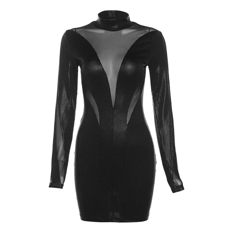 See-through Mesh Patchwork Black Mini Dress Long Sleeve Sexy Party Dresses for Women 2023 Nightclub Outfits
