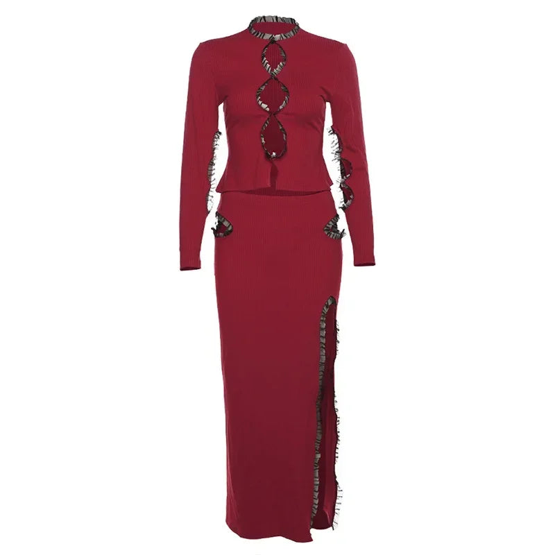 Y2k Sexy Outfit Woman Two Pieces Frilly Trim Hollow Out Top and Slit Skirt Red Ribbed-knit Long Sleeve Dresses