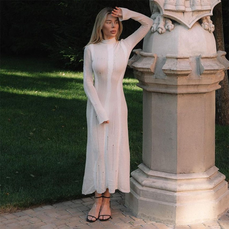 See Through Hollow Knit Sweater Dresses White Elegant Maxi Dress Long Sleeve Women Fall Winter Clothes 2023