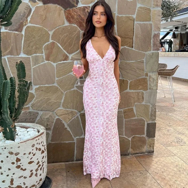 Pink Floral Dress Elegant Sexy Deep V Hollow Out Backless Maxi Long Dresses for Women Holiday Party Outfits