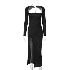 Glitter Black Elegant Evening Dress Long Sleeve Women Fall 2023 Sexy Strappy Backless High Split Long Dresses