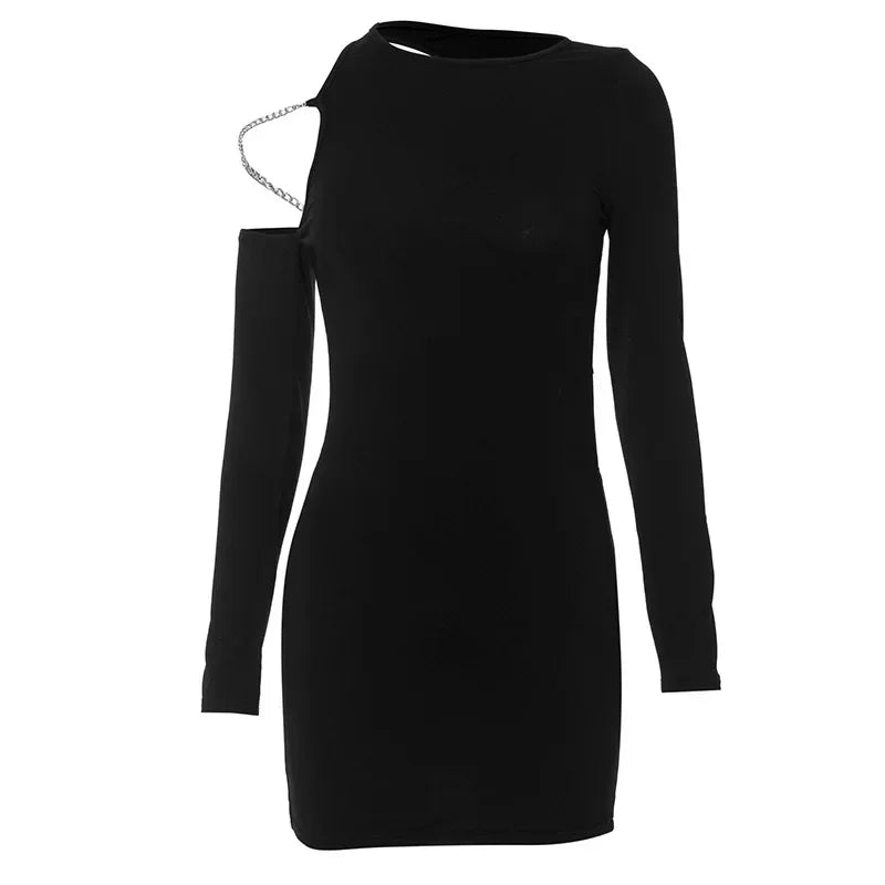 Asymmetrical Cut Out Backless Dresses for Women Chain Long Sleeve Mini Bodycon Dress Sexy Black Club Outfits