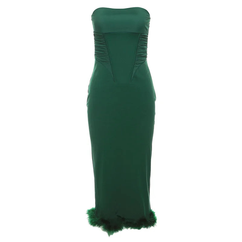 Green Long Party Dresses for Women Elegant Evening Gown Feathers Backless Bodycon Dress Night Out Outfits