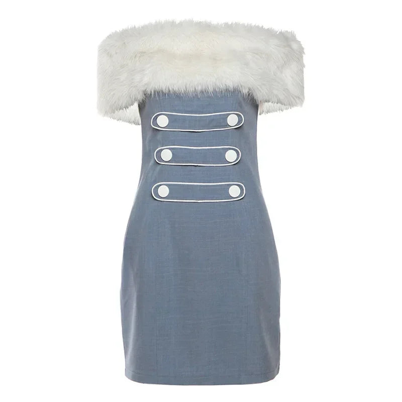 Faux Fur Collar Off Shoulder Short Dresses for Women Winter Outfits Elegant Fashion Party Dress
