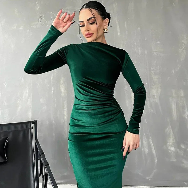 Elegant Long Party Dresses for Women Winter Fashion Clothes Velvet Full Sleeve Bodycon Dress Green Black