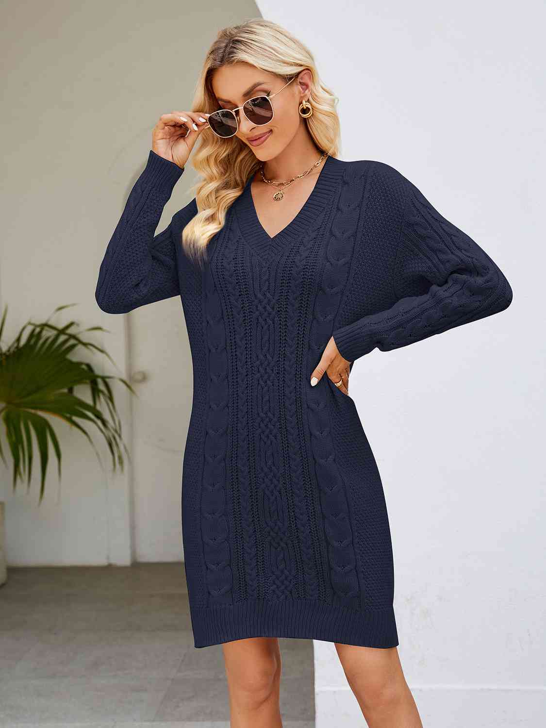 Meliza's Cable-Knit V-Neck Mini Sweater Dress