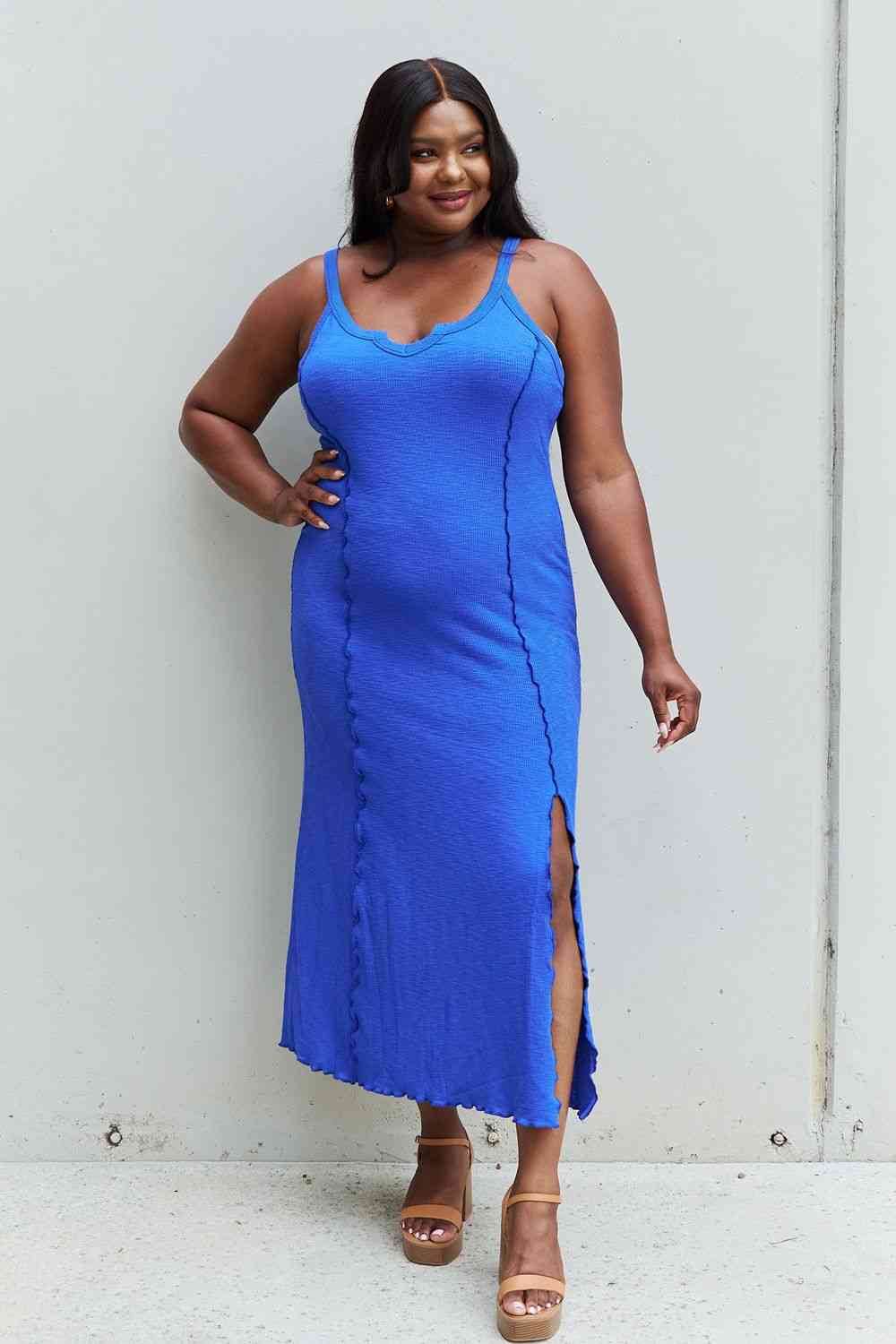 Meliza's Culture Code Look At Me Full Size Notch Neck Maxi Dress with Slit in Cobalt Blue