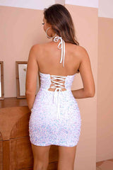 Meliza's Sequin Lace-Up Halter Neck Slit Dress